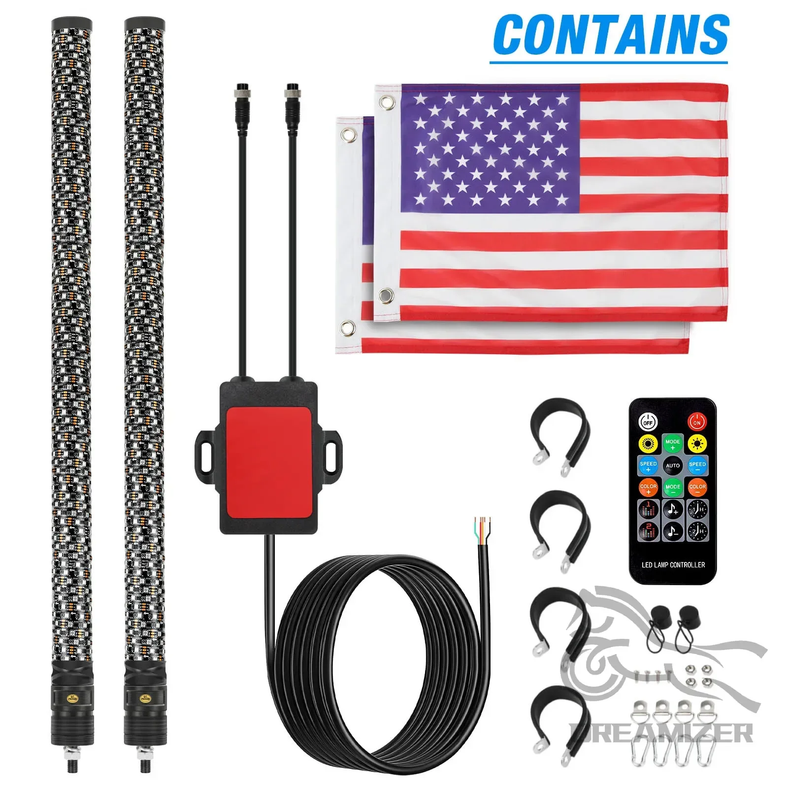 2 قطعة 3FT أضواء سوط الدهون مع التطبيق التحكم عن بعد LED مضاءة هوائي سوط مع وظيفة الفرامل دوامة RGB أضواء سوط سميكة