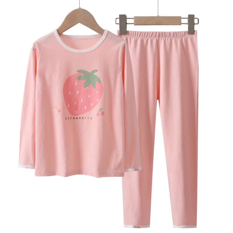 

2-16 Years Girl Spring Autumn Winter 95% Cotton Pink Strawberry Pyjamas Kids Home Wear Sleepwear Girls Pajamas Sets