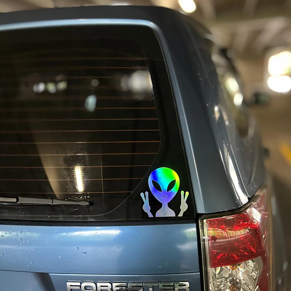 Holographic Alien Funny Car Sticker  UFO  Alien Peace Design Car Windows Decor Vinyl Decals Cartoon Accessories