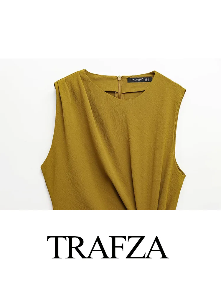 Trafza feminino 2025 moda plissado decorativo em torno do pescoço sem mangas midi vestido feminino elegante com zíper bainha fenda magro vestido longo