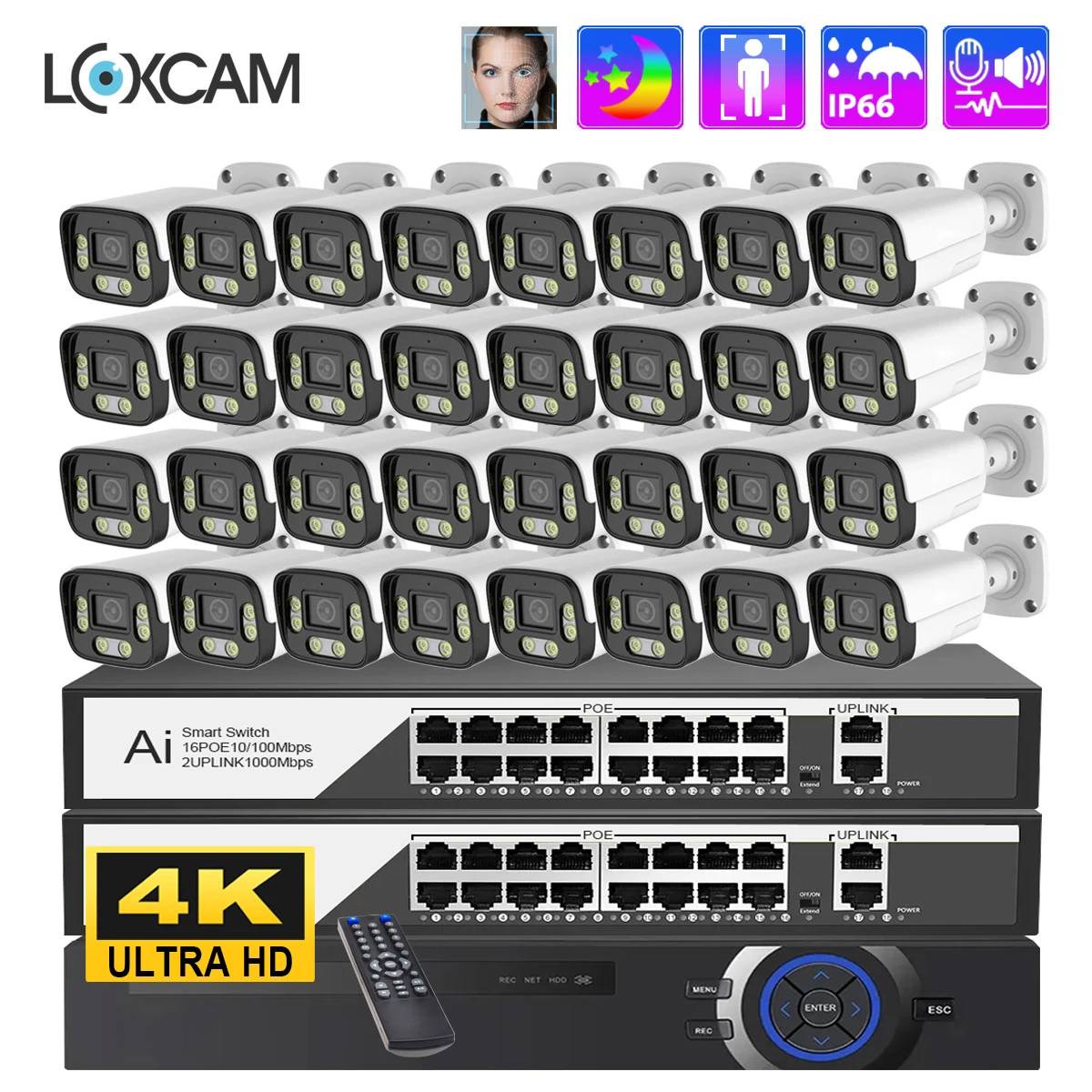 

LOXCAM 32CH 4K POE NVR Kit CCTV Camera Security System 8MP 4MP Outdoor Face Human Detect Two Way Aduio Video Surveillance Set