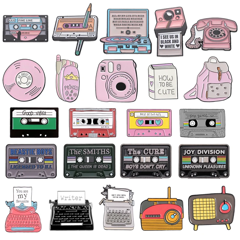 Fashion Retro Pink Phone Enamel Pins Camera Cassette Music Player Metal Brooch Badge Trendy Art Lapel Jewelry Gift For Friends