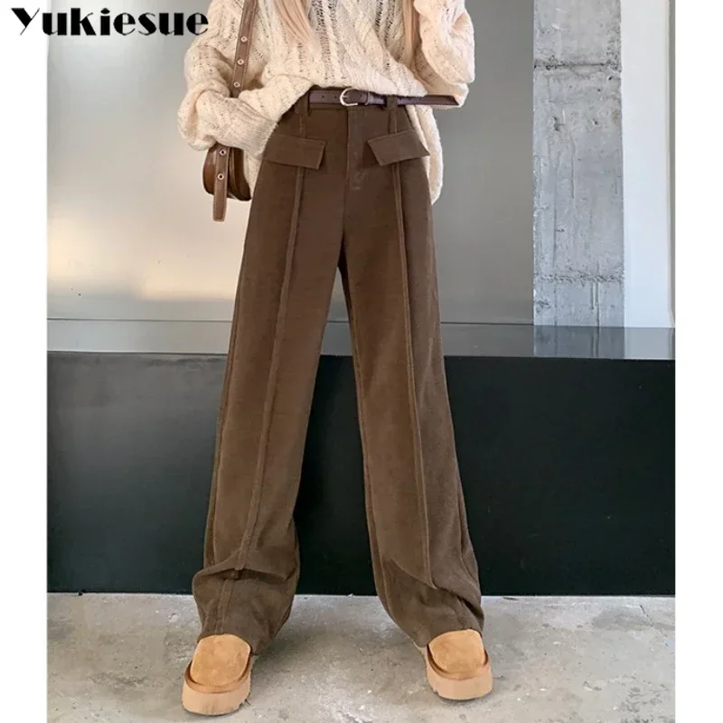 

Casual Suit Trousers Female Autumn Winter RetroKorean Streetwear Corduroy Wide Leg Pants Women Loose Pocket High Waist Versatile