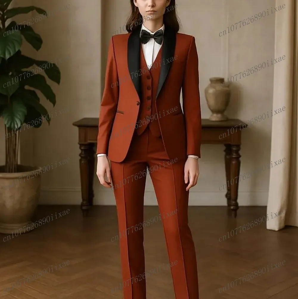 

Black Collar Rusty Red Women Suits Lady Business Office Tuxedos Mother Wedding Party Formal Ladies 3 Piece Set Jacket Vest Pants