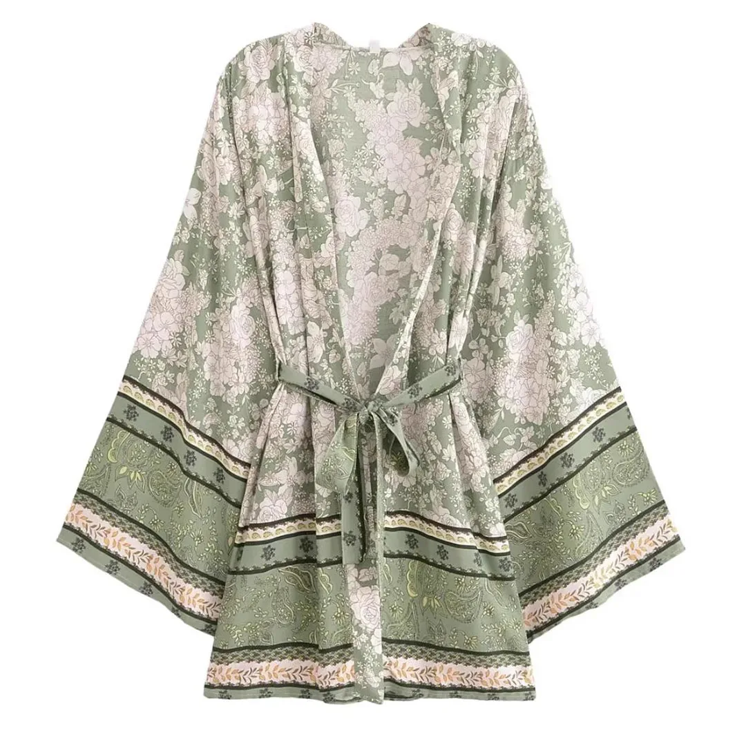 กิโมโนแขนเสื้อเสื้อผู้หญิง Cover-ups Vintage ดอกไม้พิมพ์ผ้าฝ้ายเรยอนฤดูร้อน Boho Beach สวม Robe vestidos