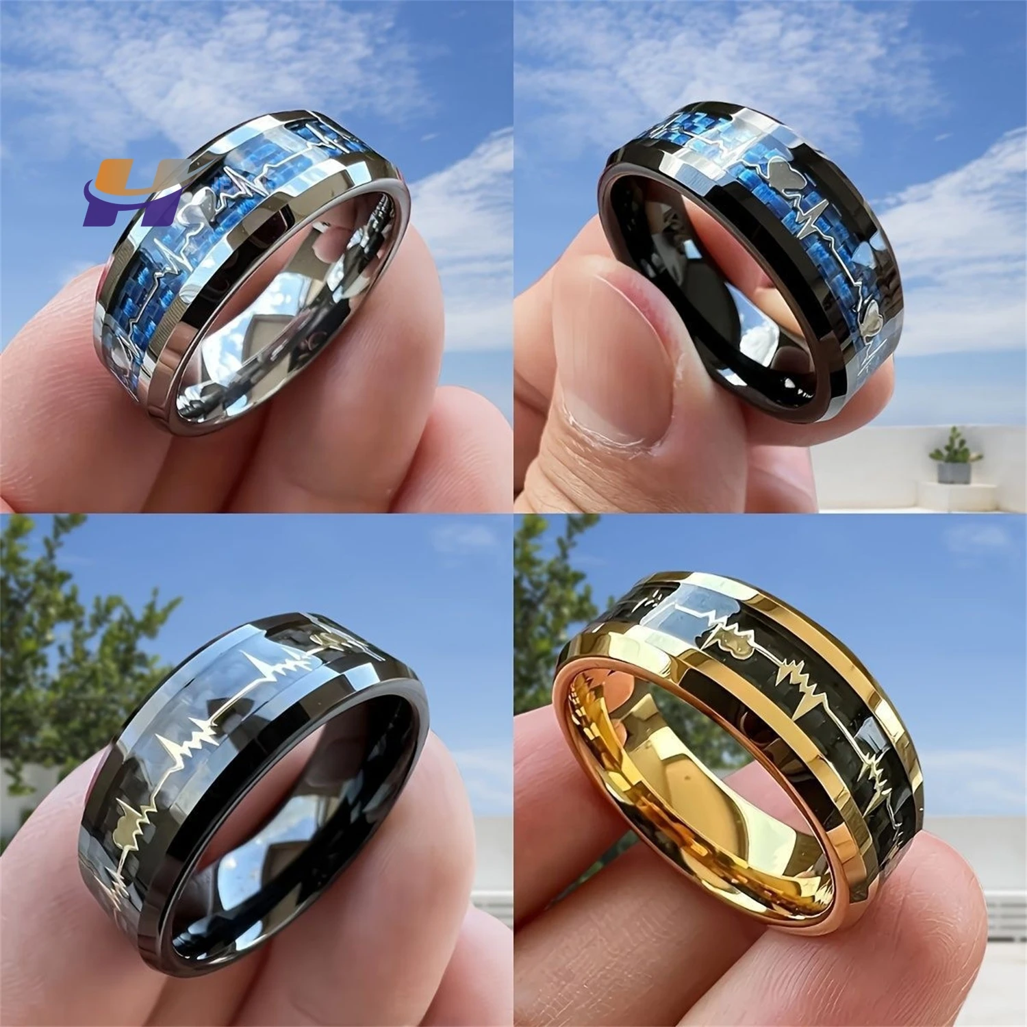 Carbon Fiber Heartbeat Ring Titanium Steel Black Carbon Fiber Inlay Gold Plated Pulse Rate Fashion Men Women Jewelry