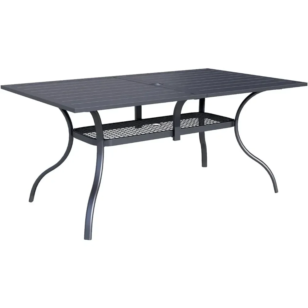 Patio Dining Table, Rectangle Metal Steel Slat Table, with Umbrella Hole, for Backyards, Porches, Garden