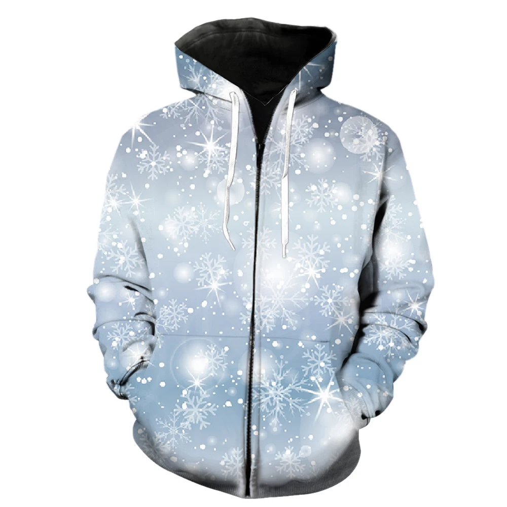 

Winter Snowflake Pattern Men's Zipper Hoodie Funny Fashion Sweatshirts 3D Print Unisex Oversized With Hood Jackets Cool Harajuku