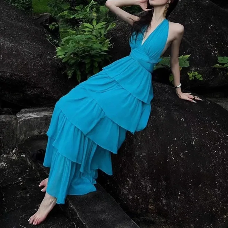 Azul com decote em v sexy vestido de festa feminino sem costas cruz sem mangas em camadas babados vestidos bodycon streetwear férias roupas