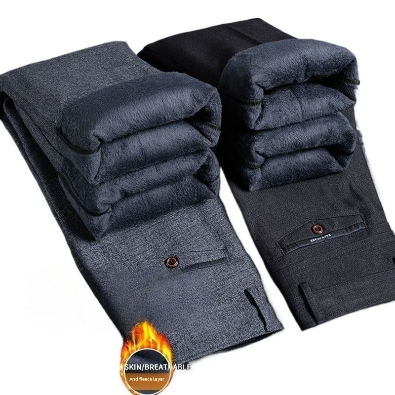 

Winter Warm Men's Business Casual Pants Thickened Flannel Fleece Elastic High Waist Office Classic Fit Straight Black Trousers