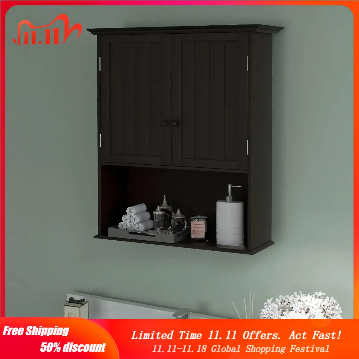 

Wall Mount Bathroom Cabinet Wooden Medicine Cabinet Storage Organizer with 2-Doors and 1-Shelf Cottage Collection