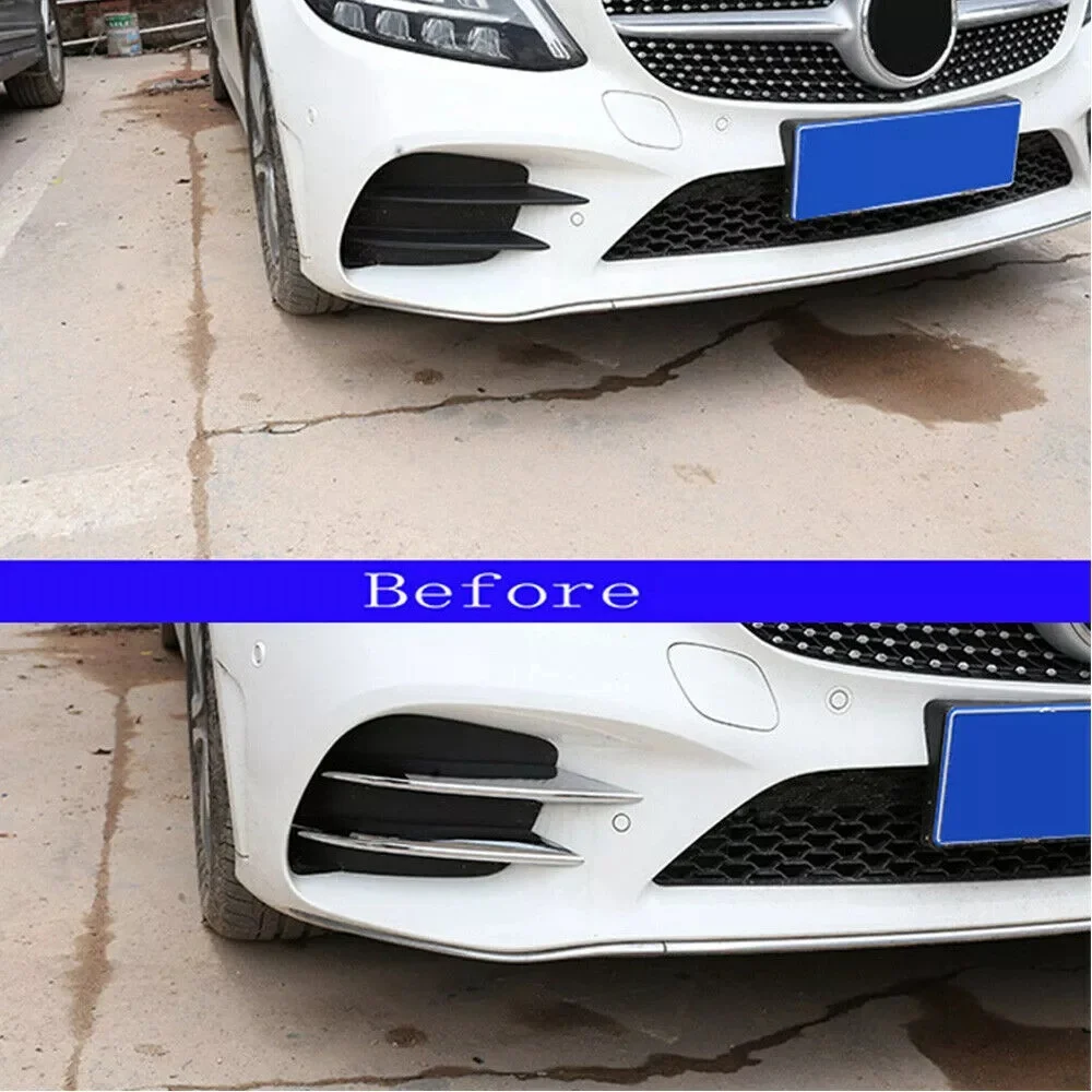 Carro Chrome Front Bumper Spoiler, Fog Lamp Grille Guarnição Capa para Mercedes-Benz C-Class C200 C260 W205 2019 +, 4pcs