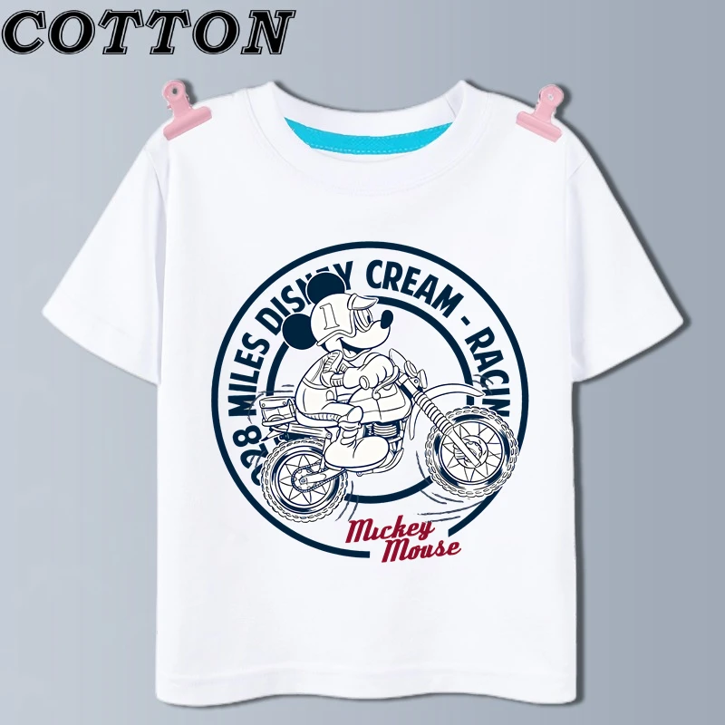 Disney Anime Motorcycle Riding Mickey Mouse Fashion Cotton Summer Children's T-shirt Round Neck Short Sleeve Print Pattern