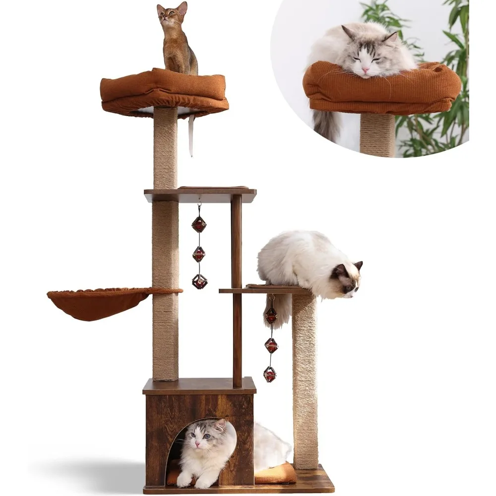 

Cat Tree, 4 in 1 Large Modern Cats Tower with Jute Scratching Post and Hammock, Wood Cat Condo with silvervine Balls