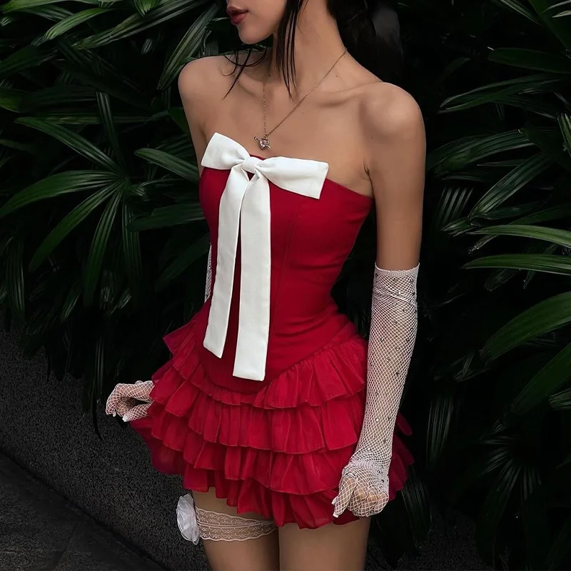 y2k Two Piece Sets Club Outfits for Women Ruffle Red Top and Skirt Matching Sets New Elegant Bow Detail Sexy Strapless