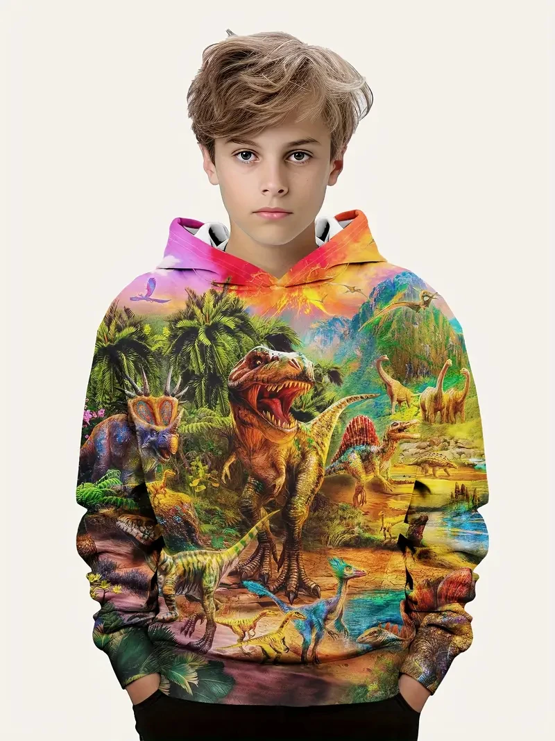 Ferocious Dinosaur World Digital Print Children's Pullover Tyrannosaurus Rex Jurassic Park Fashionable Boys Hoodie Long Sleeve