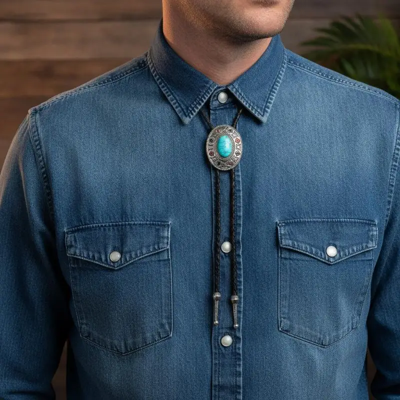 Vintage Artistic Bolo Tie Necklace Antique Silver Turquoise Inlaid Round Disc Personality Pendant