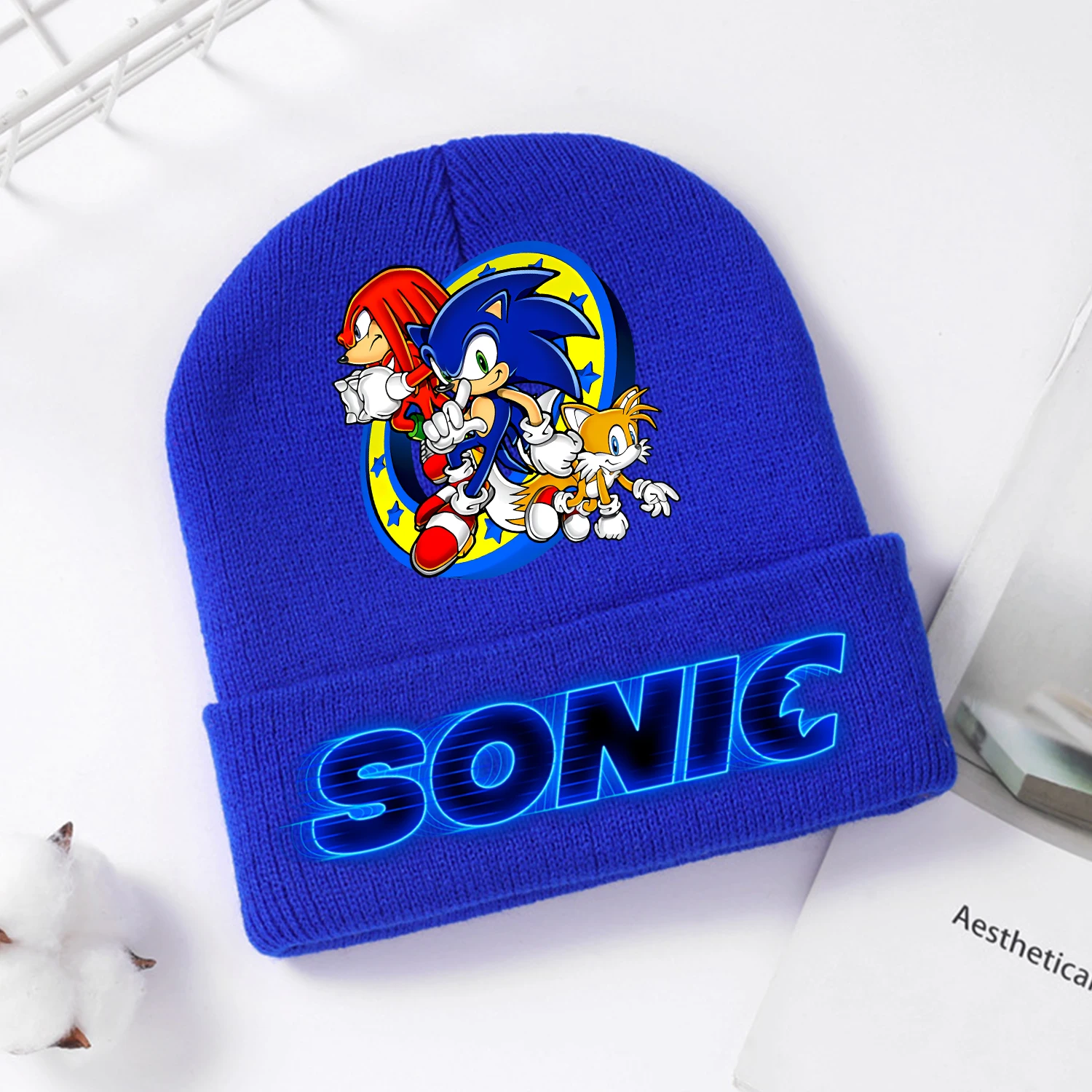 Sonic Strickmütze für Kinder, niedliche Cartoon-Anime-Strickmütze, Cartoon-blaue Kappen, Dekoration, modische Skullies-Mützen, Kindergeschenk