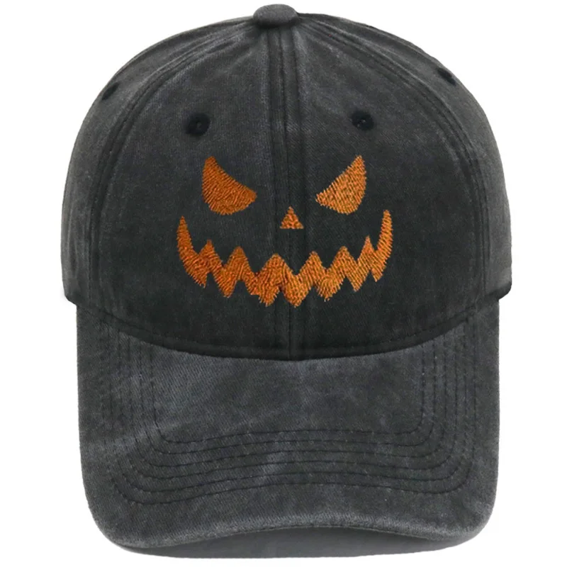 Cross-border Bestseller: Washed Soft-Top Casual Baseball Cap for Men and Women with Halloween Embroidered Pumpkin Smiley Face