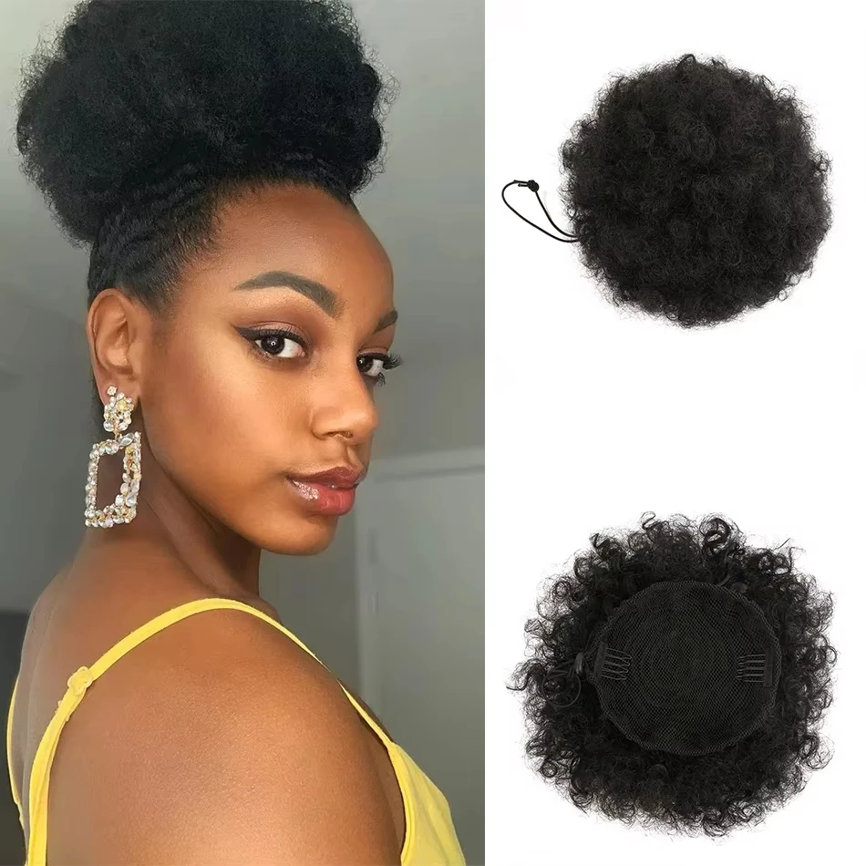 Afro Puff Drawstring Ponytail Extension for Black Women, Premium Black Short Human Hair Afro Ponytail Clip On Kinky Curly Bun