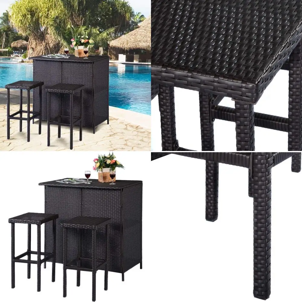 

3-Piece Rattan Bar Set with Wicker Stools and Storage Shelves for Outdoor Garden Use