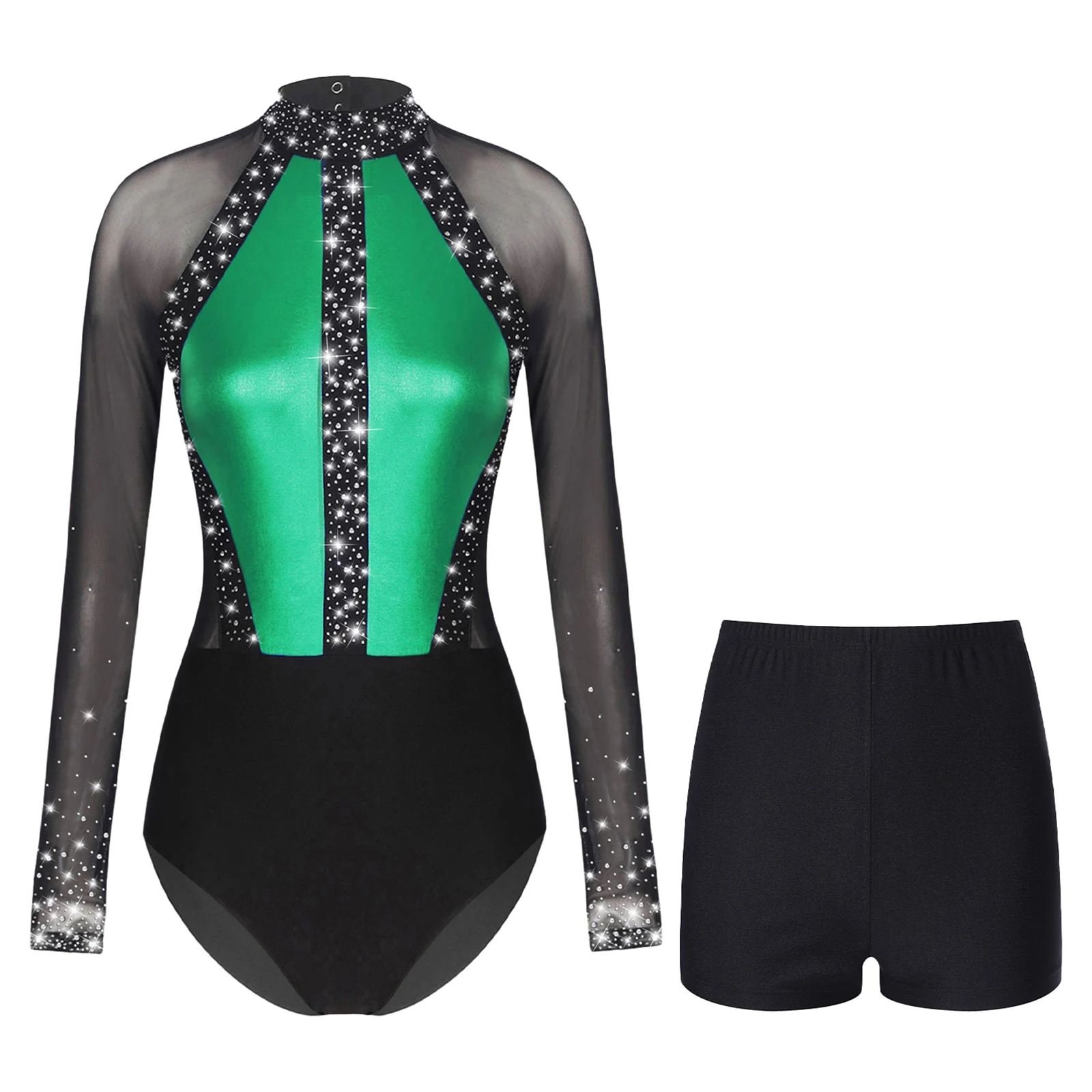 Womens Mesh Long Sleeve Gymnastics Bodysuit Rhinestones Ballet Dance Leotard Color Block Skating Jumpsuit Shorts Dancewear Sets