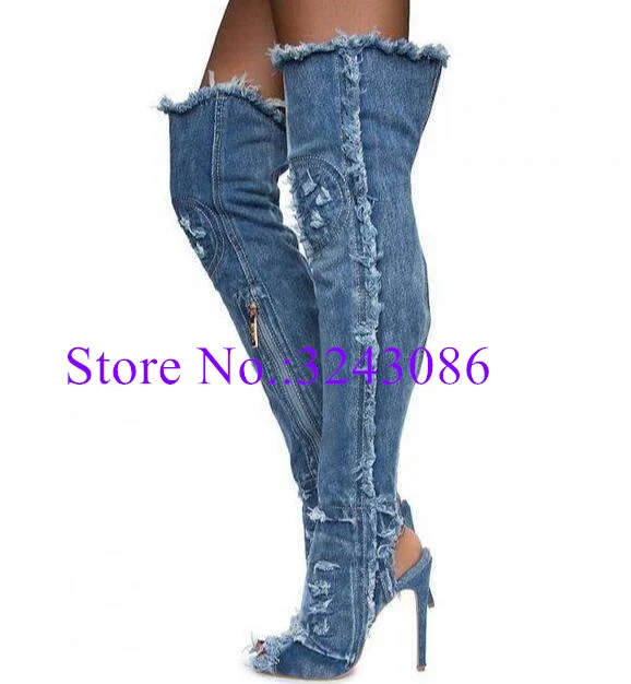 Sexy Blue Denim Over the Knee Sandals Boots Lady Fashion Peep Toe Slingback Thin Heel Long Boots Woman New Party Shoes Dropship