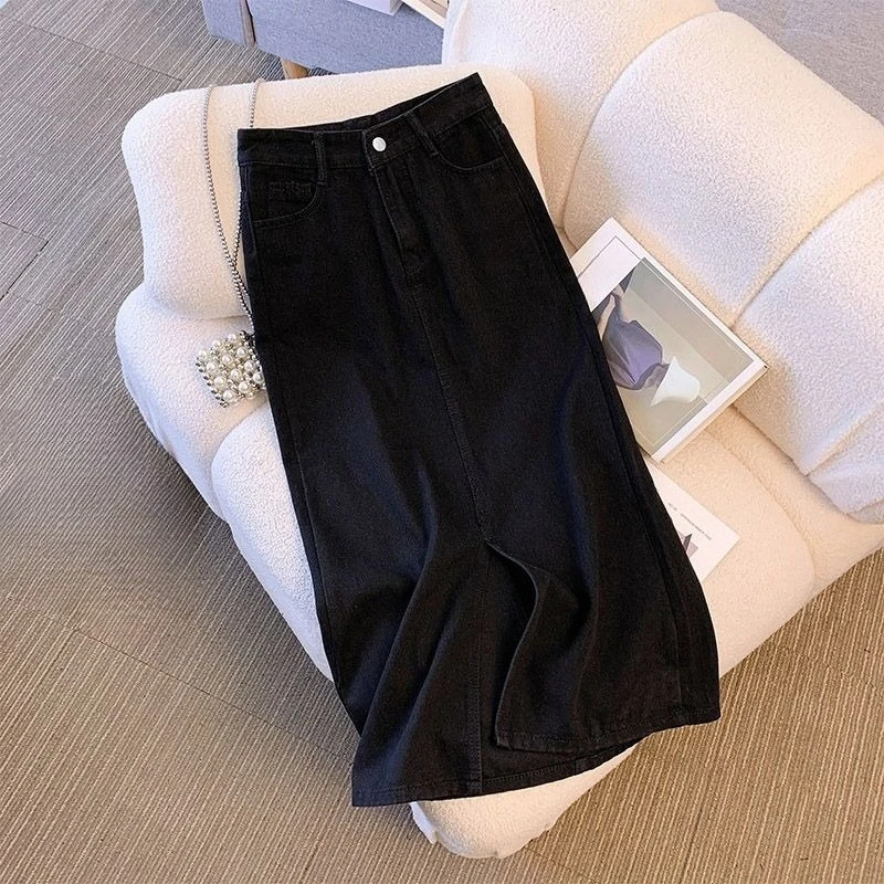 

Женская винтажная джинсовая юбка миди с высокой талией, А-силуэта, с боковым разрезом, облегающая, летняя, модная юбка для женщин ​