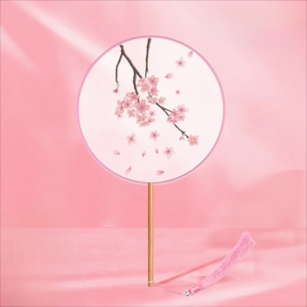 Silk Material Chinese Round Hand Fan Long Handle Embroidery Design Vintage Printing Silk Fan Ink Painting Round Shape