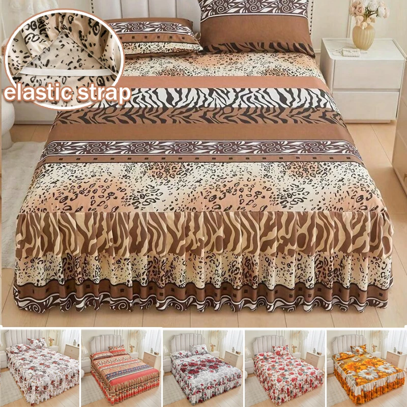 

1PC Elastic Ruffled Floral Bed Skirt Leopard Print Soft Skin-Friendly Elegant Bed Sheets for Bohemia Bedroom Dormitory Bedding