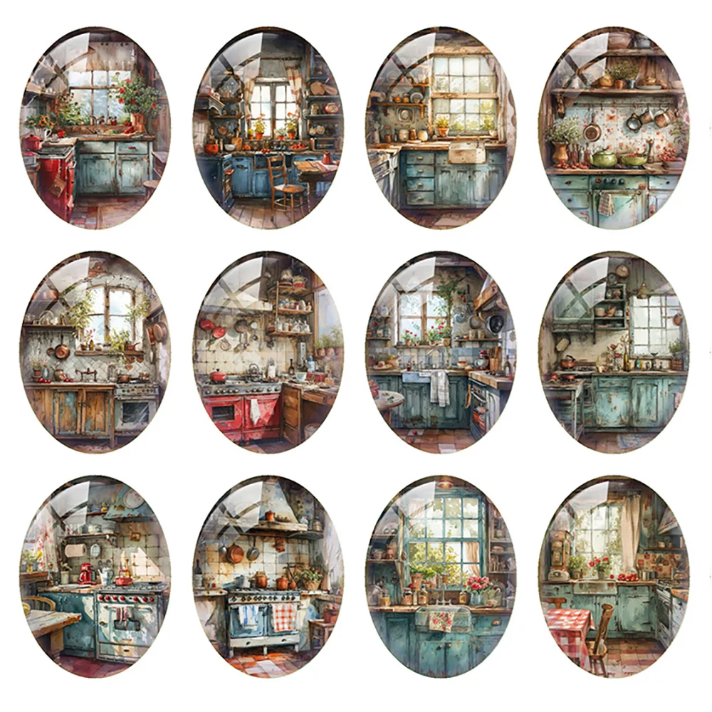 

Random Mixed Round/Oval/Square Countryside Kitchen Photo Glass Cabochon Flatback Demo Cameo For Diy Jewelry Making Handmade