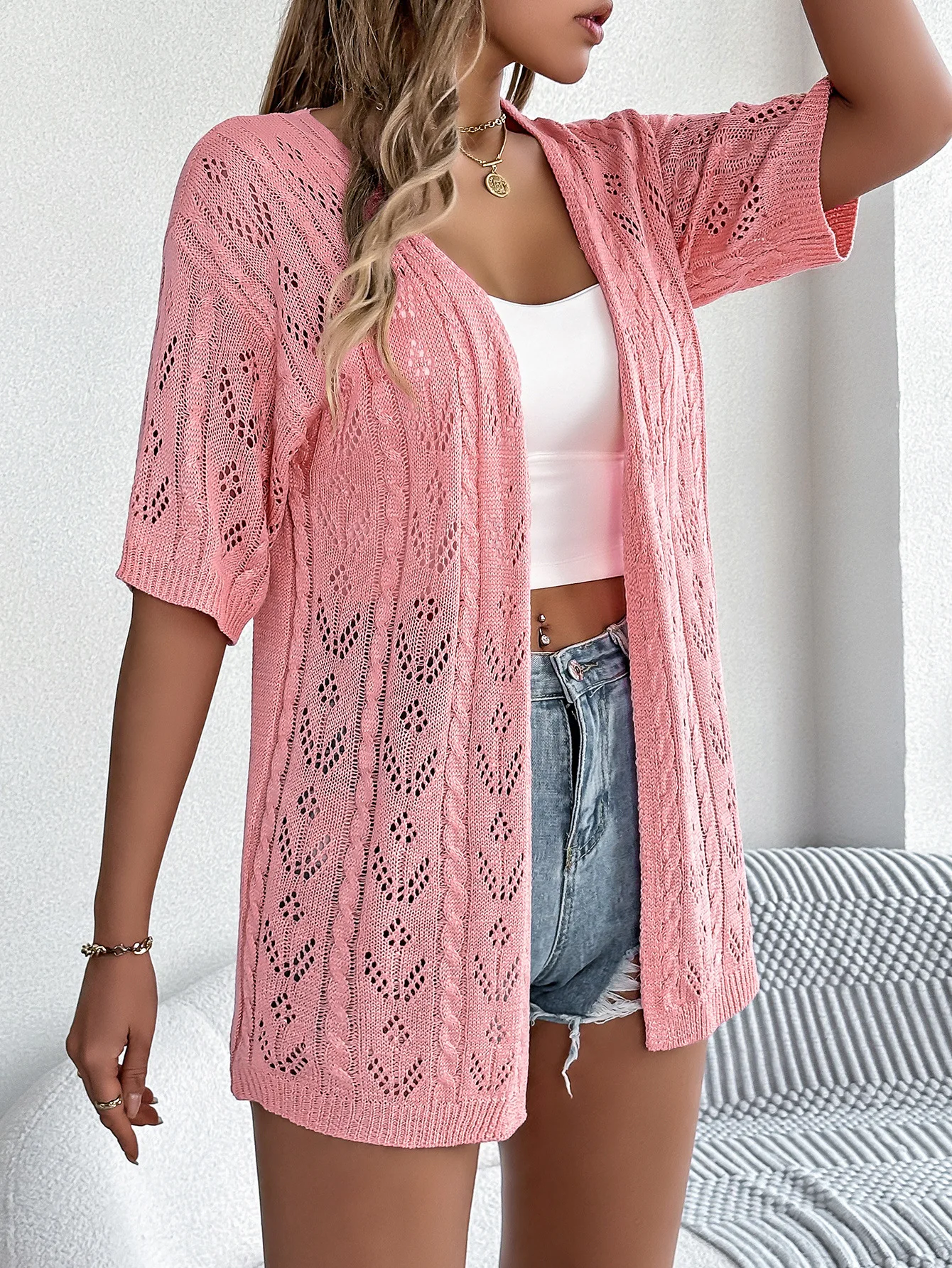 

Spring Summer Women’s Sun Protection Casual Shirt Knitted Short Sleeve None Button Zipper For Elegant Lady