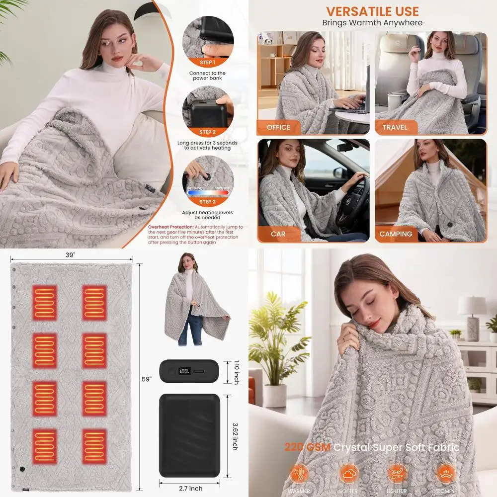 

Heated Faux Fur Blanket with Power Bank, 3 Heat Settings, Cordless, Machine Washable, 59x35.5 Gray-Green