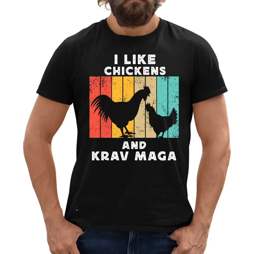 I Like Galinhas e Krav Maga Camiseta de Manga Curta Masculina, Camisas Casuais de Algodão com Decote