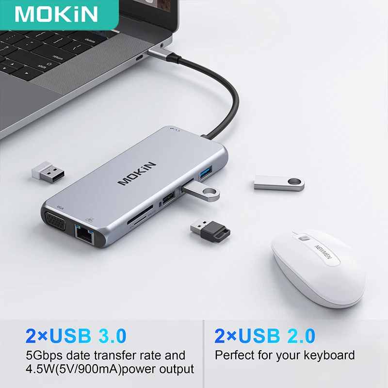 MOKiN 12 w 1 USB-C stacja dokująca do laptopa USB typu C Hub Multiport Adapter HDMI VGA USB SD/TF podwójny Monitor do laptopów Lenovo