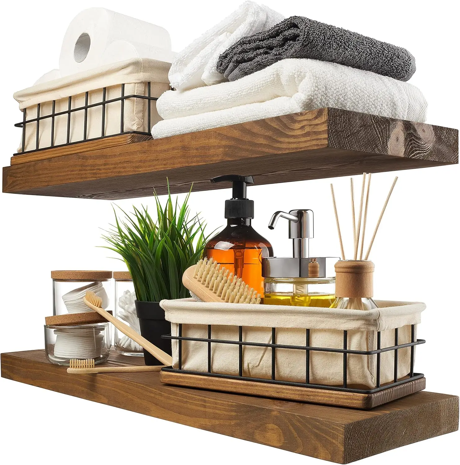 

Walnut Floating Shelves Set of 2, 24 inch Solid Wood Wall Mounted for Bathroom Bedroom Kitchen