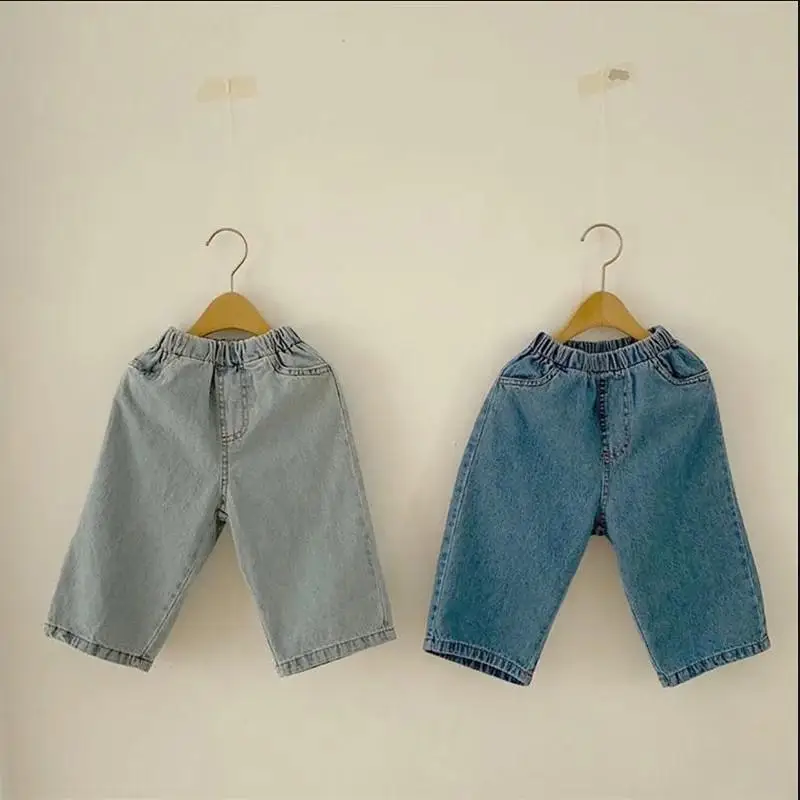 2024 Autumn New Children Clothes Retro Boy Girl Jeans Loose Kids Denim Pants All-match Toddler Casual Pants Cotton Baby Trousers