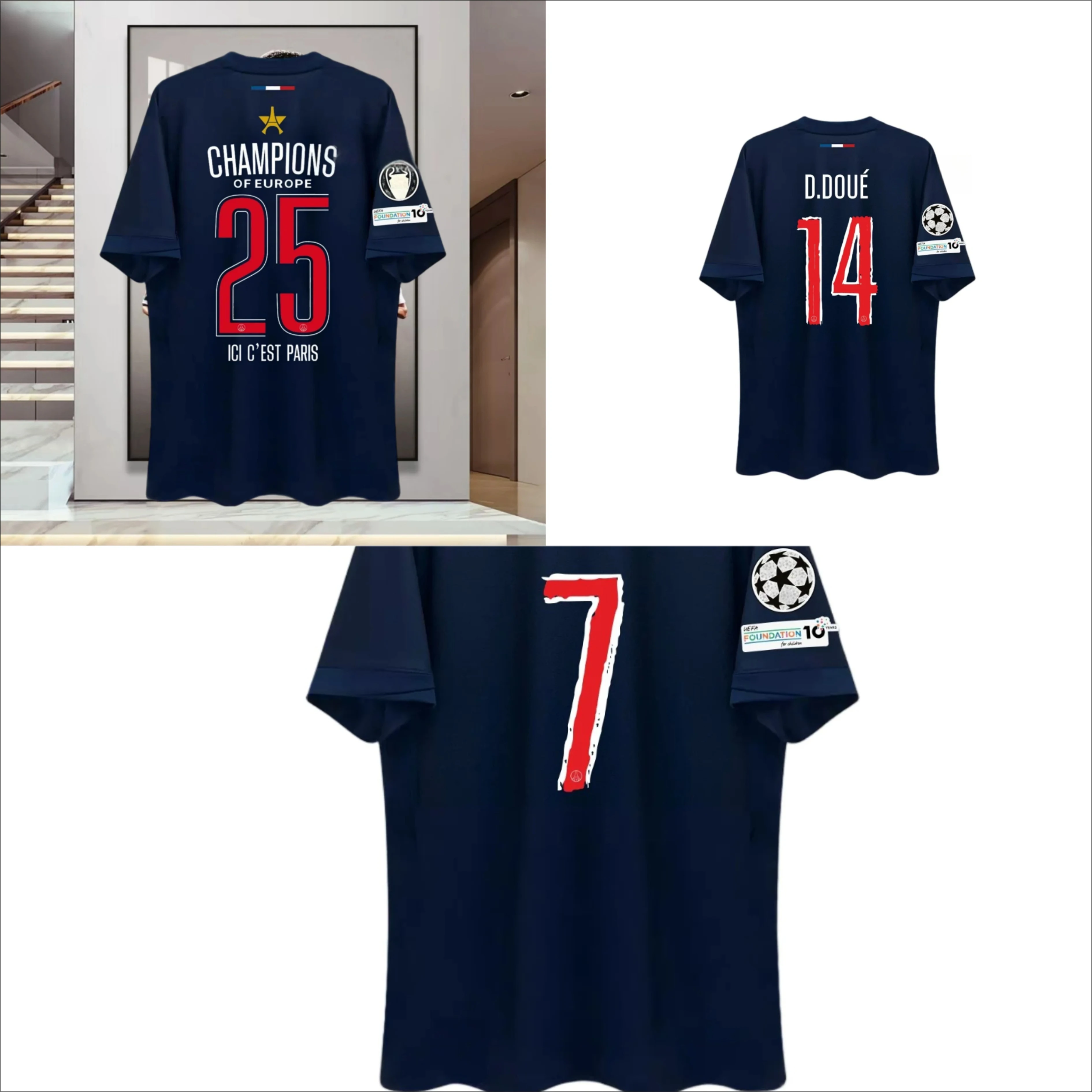 

Grand Paris Champion Version Топы с короткими рукавами Домашний трикотаж Dembélé и Doué 3ds Дышащие удобные тренировки для занятий спортом на открытом воздухе