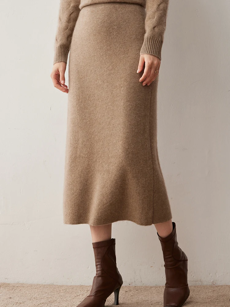

Women's Long Skirts BUD Sexy Slim Dress Autumn Winter 100% Cashmere Skirts Knit Elastic Waist Soft Straight Office Lady Clothes