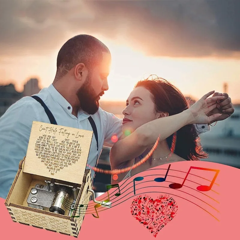 Lovers Wooden Gift Music Box, Antique Engraved Wood Music Box with Can't Help Falling in Love Melody (Wood)