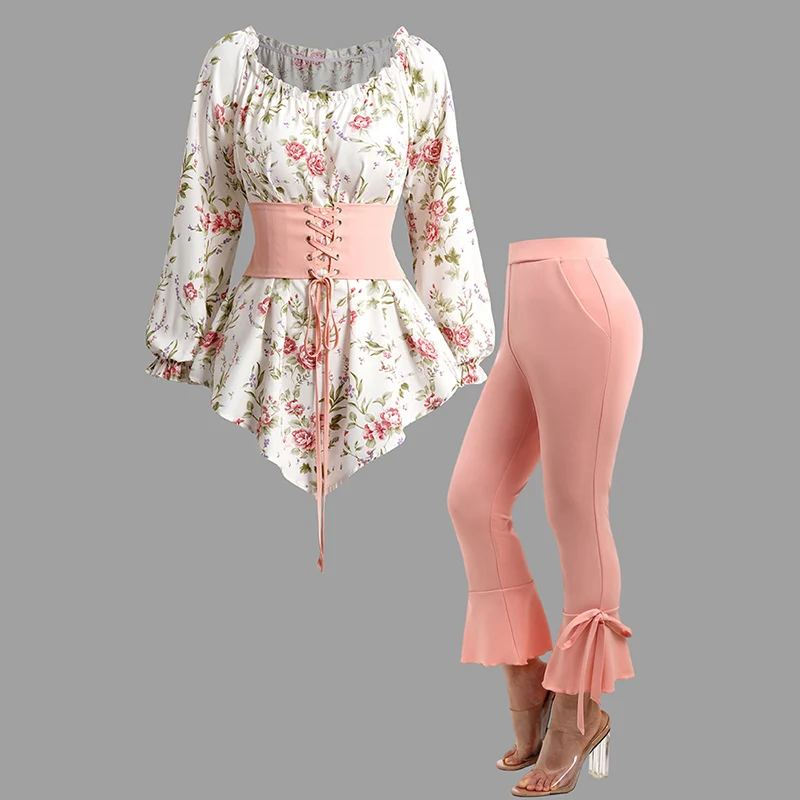 

2024 New Women Matching Set Floral Print Corset Belt Asymmetric T Shirt And Solid Ruffle Bowknot Tie Capri Pants Outfit