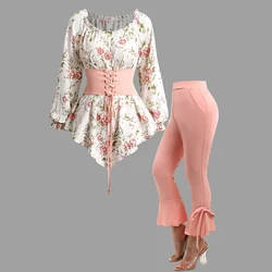 2024 New Women Matching Set Floral Print Corset Belt Asymmetric T Shirt And Solid Ruffle Bowknot Tie Capri Pants Outfit