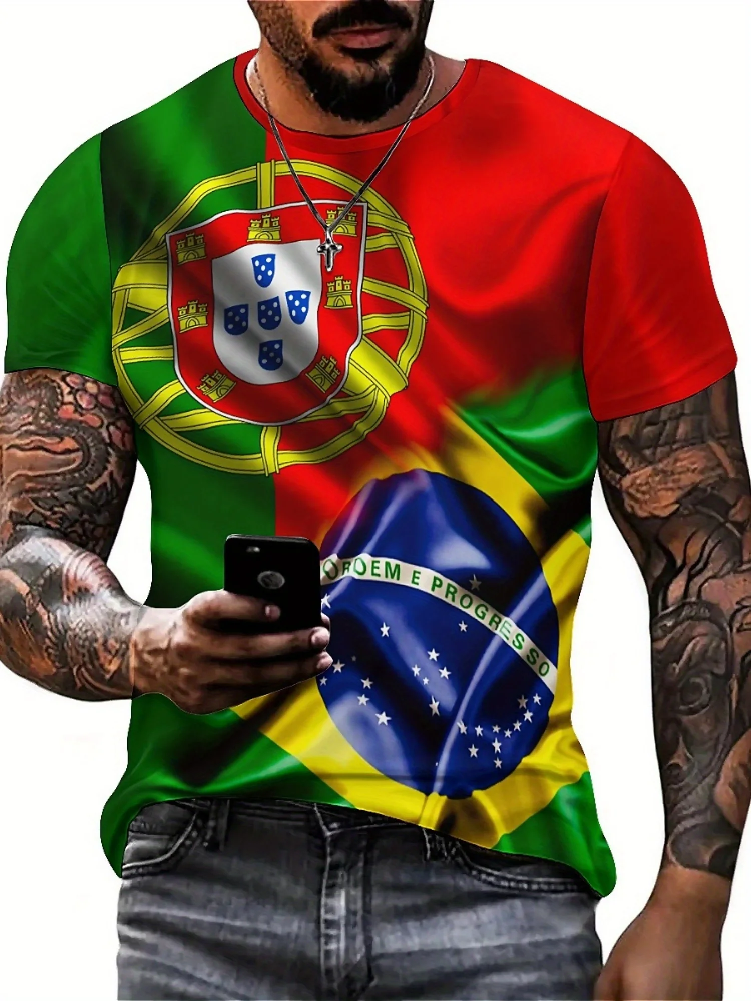 メンズ＆レディース ブラジル国旗カラーTシャツ - ポルトガル＆ブラジル国旗デザイン入り滑らかポリエステル生地Tシャツ