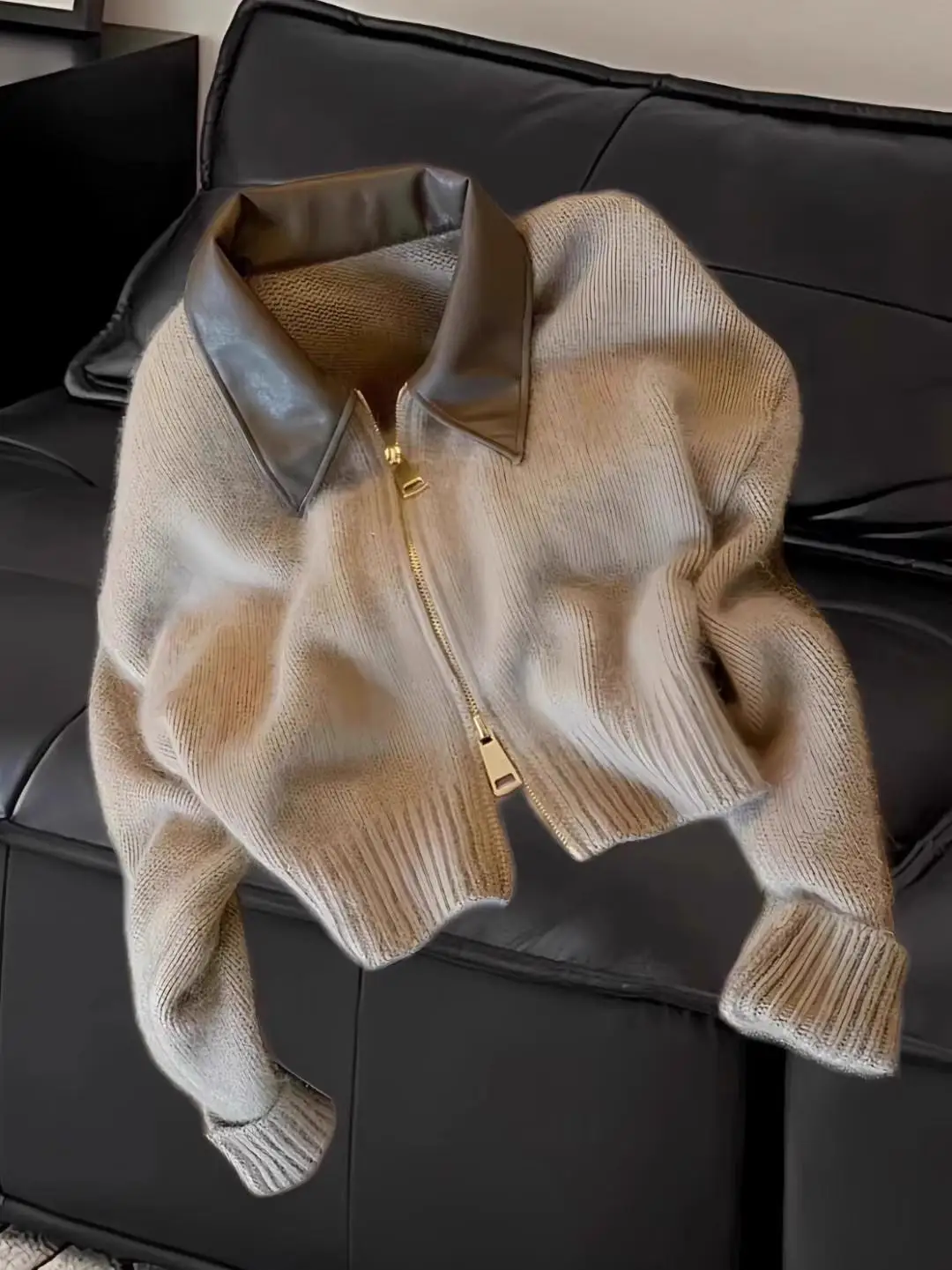 

Elegant Neck Splice Knitted Open Cardigan Double Zipper Lazy Style Bear Velvet Women's Sweater Jacket Commute Style Long...