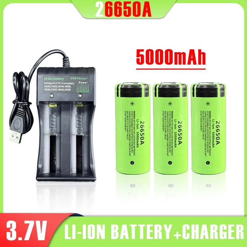 

26650A Lithium Battery 3.7V5000mah Smart Charger Large Capacity Power Battery Rechargeable Battery Strong Light Flashlight
