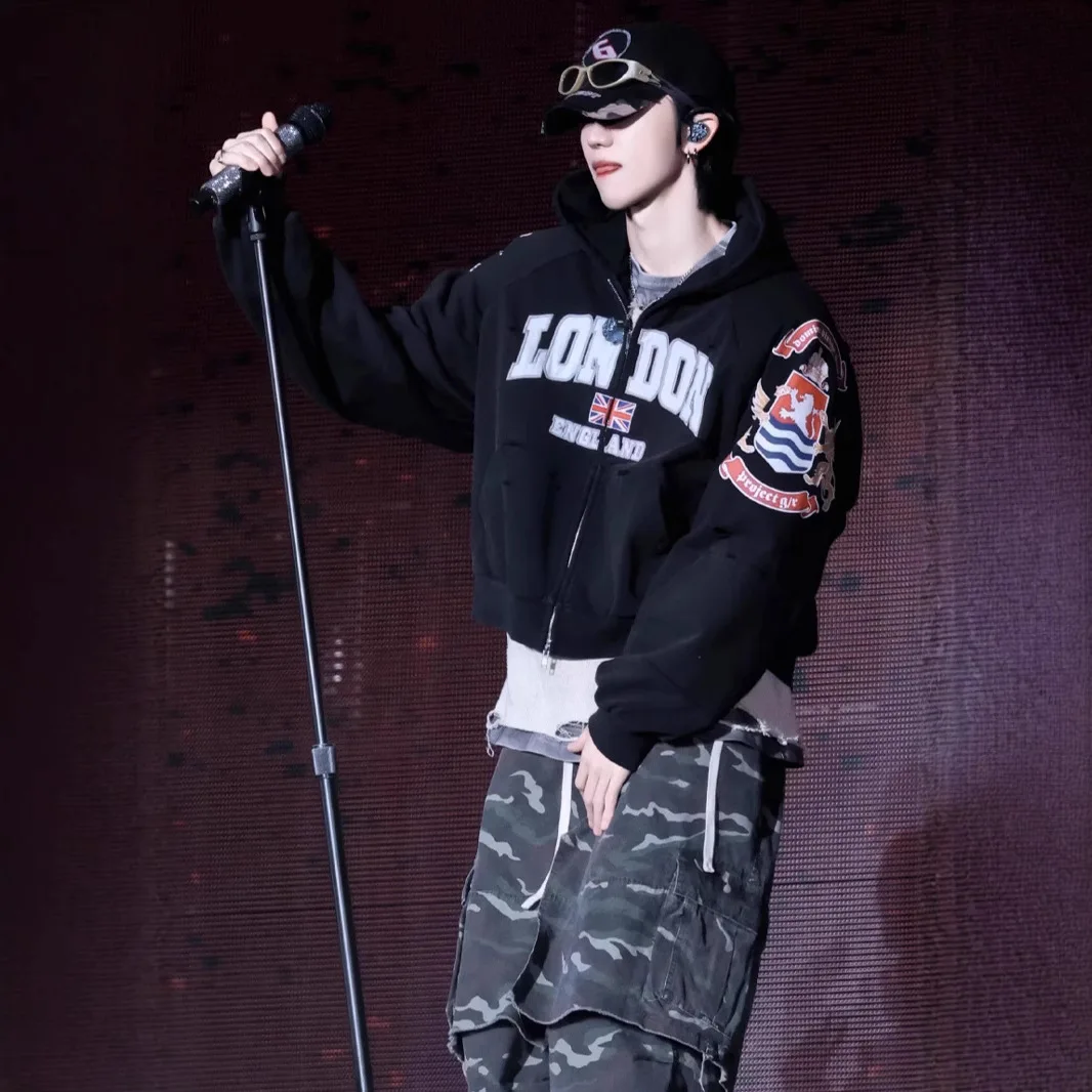 Grailz American-style Patchwork Embroidery National Flag Emblem Water-washed Structure Zipper Hooded Sweatshirt Project G/R