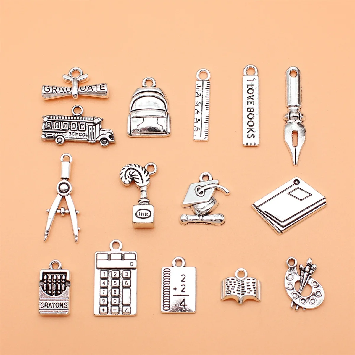 15pcs School Supplies Ruler Book Compasses Calculator Crayon Palette School Bag Charms Collection, 15 Styles, 1 of Each