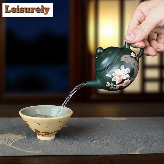 

140ml Yixing Purple Clay Teapots Handmade Clay Drawing Level Pot Raw Ore Green Mud Tea Maker Kettle With Filter Zisha Tea Set