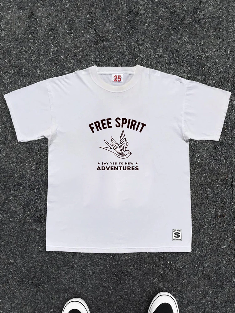 Unconstrained Freedom Oversize Short Sleeve T-Shirt Retro Subculture Design Casual Loose Fit round Neck Youth Fashion Summer ...