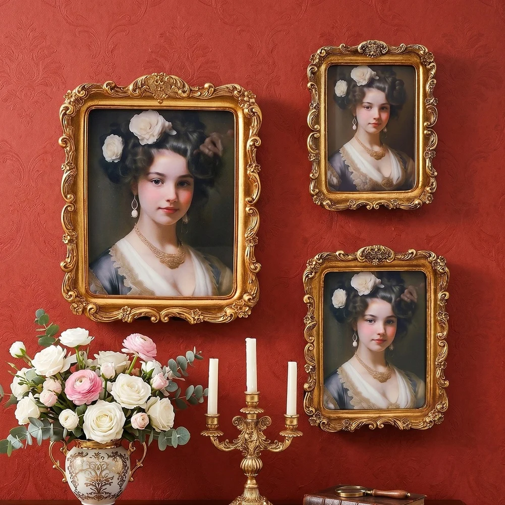 Resin Wall or Table Photo Frame with Ornate Baroque Gold Carving for Wedding Picture Display in Multiple Sizes